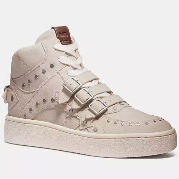 Coach Suede High Top Cream Rivets Buckles Retro Moto Zipper Sneaker Women 8.5 - Picture 2 of 15